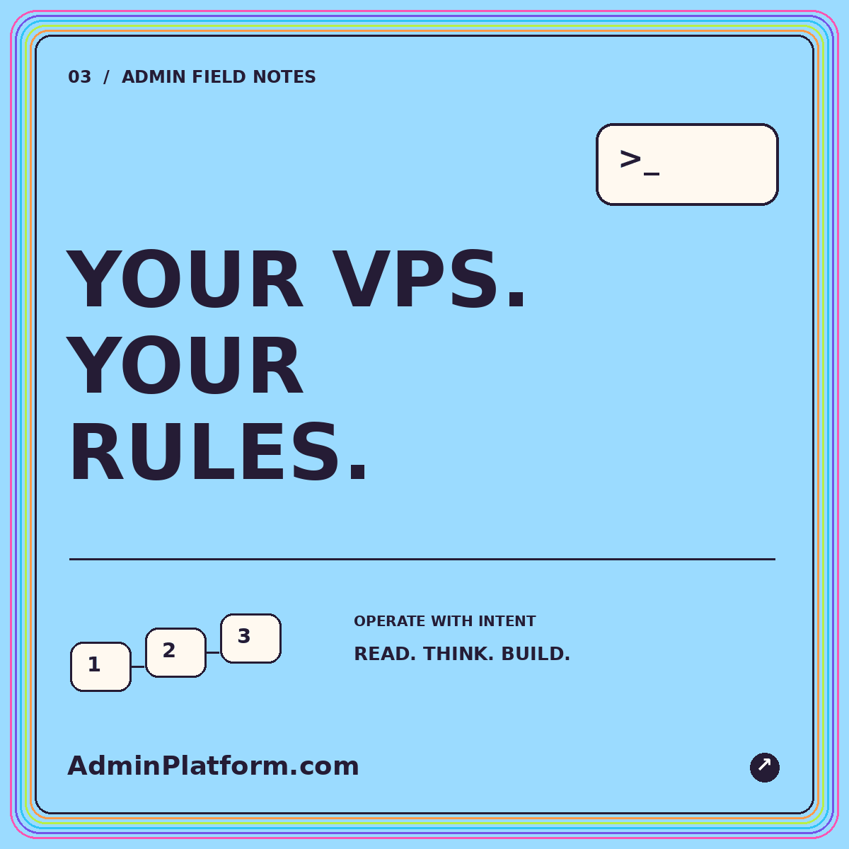 The Linux VPS admin checklist: access, updates, recovery — colorful AdminPlatform.com typography card